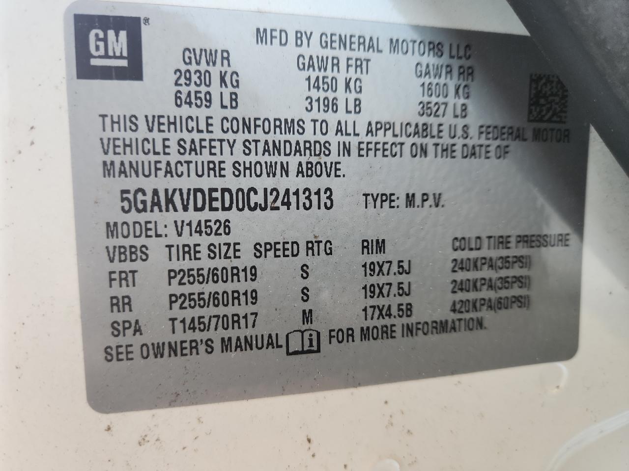 2012 Buick Enclave VIN: 5GAKVDED0CJ241313 Lot: 64093445