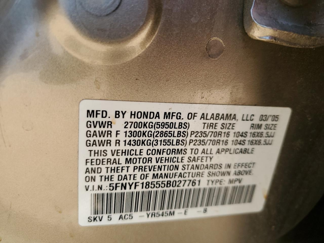 2005 Honda Pilot Exl VIN: 5FNYF18555B027761 Lot: 63599615