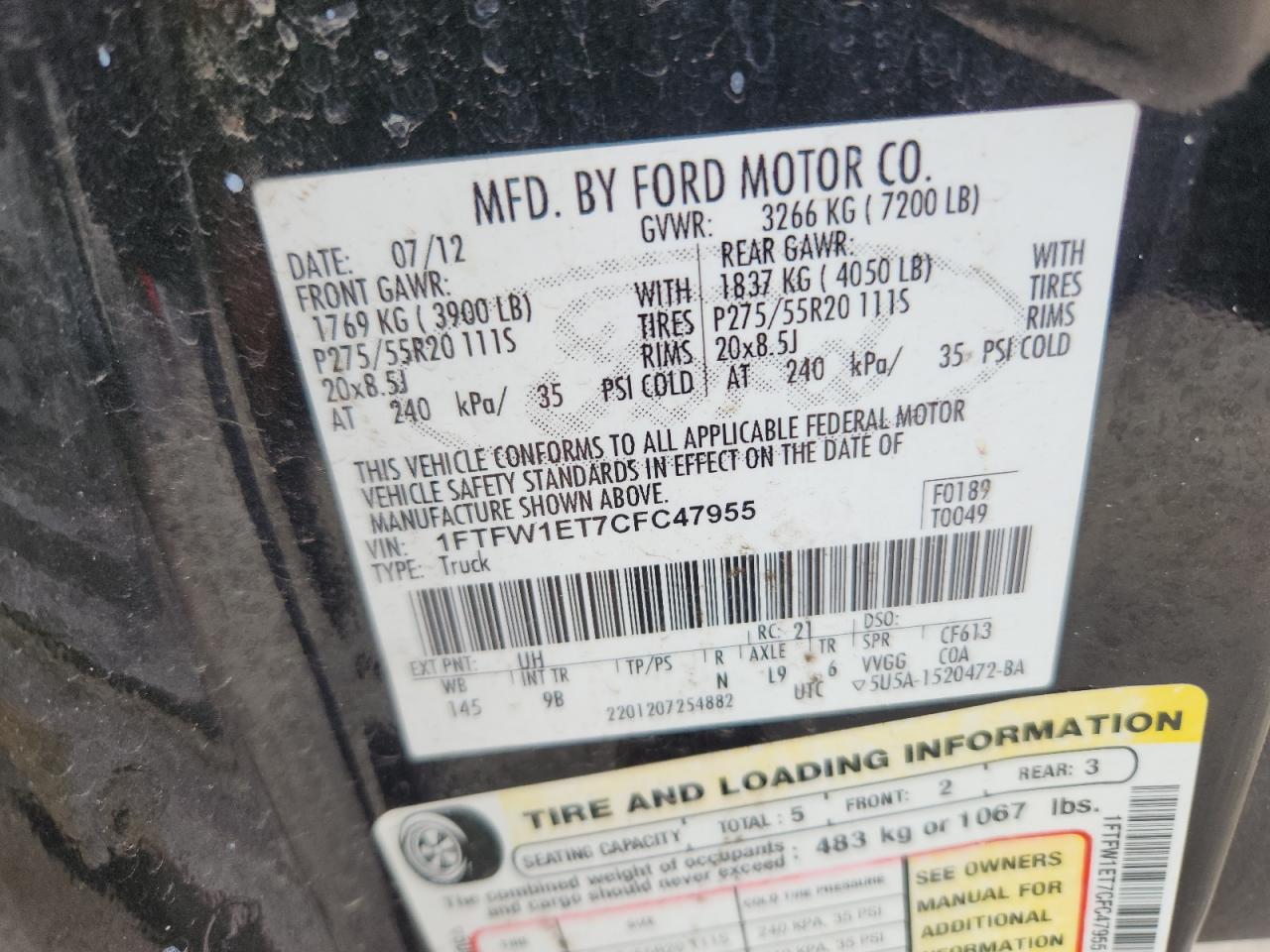 2012 Ford F150 Supercrew VIN: 1FTFW1ET7CFC47955 Lot: 64956195