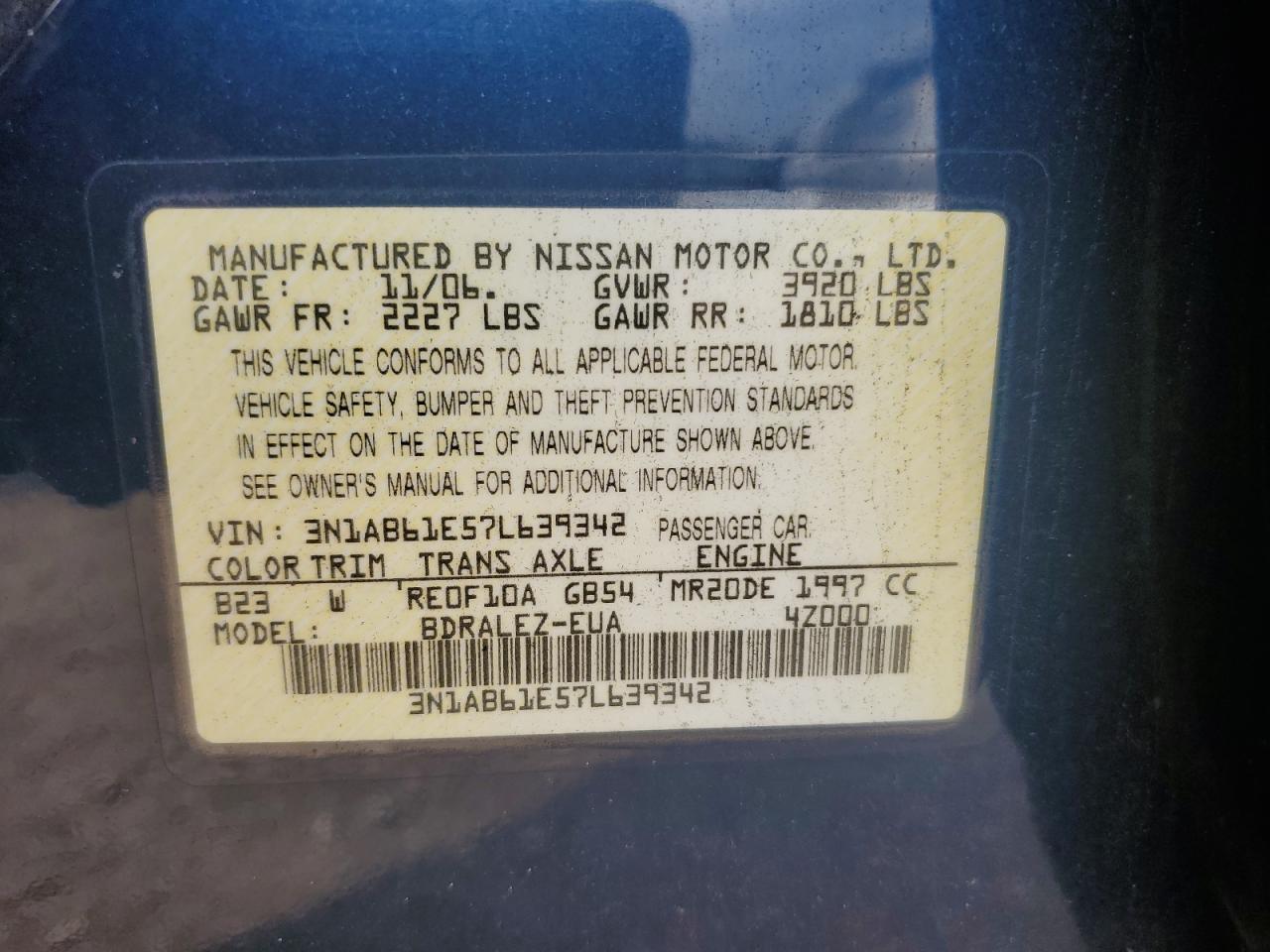 2007 Nissan Sentra 2.0 VIN: 3N1AB61E57L639342 Lot: 66188255