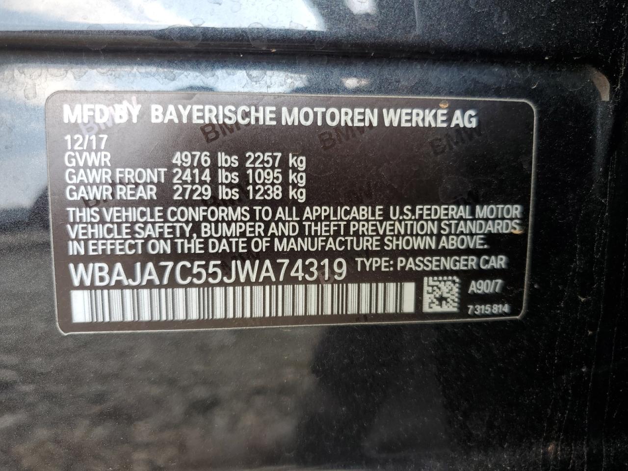 2018 BMW 530 Xi VIN: WBAJA7C55JWA74319 Lot: 66937365