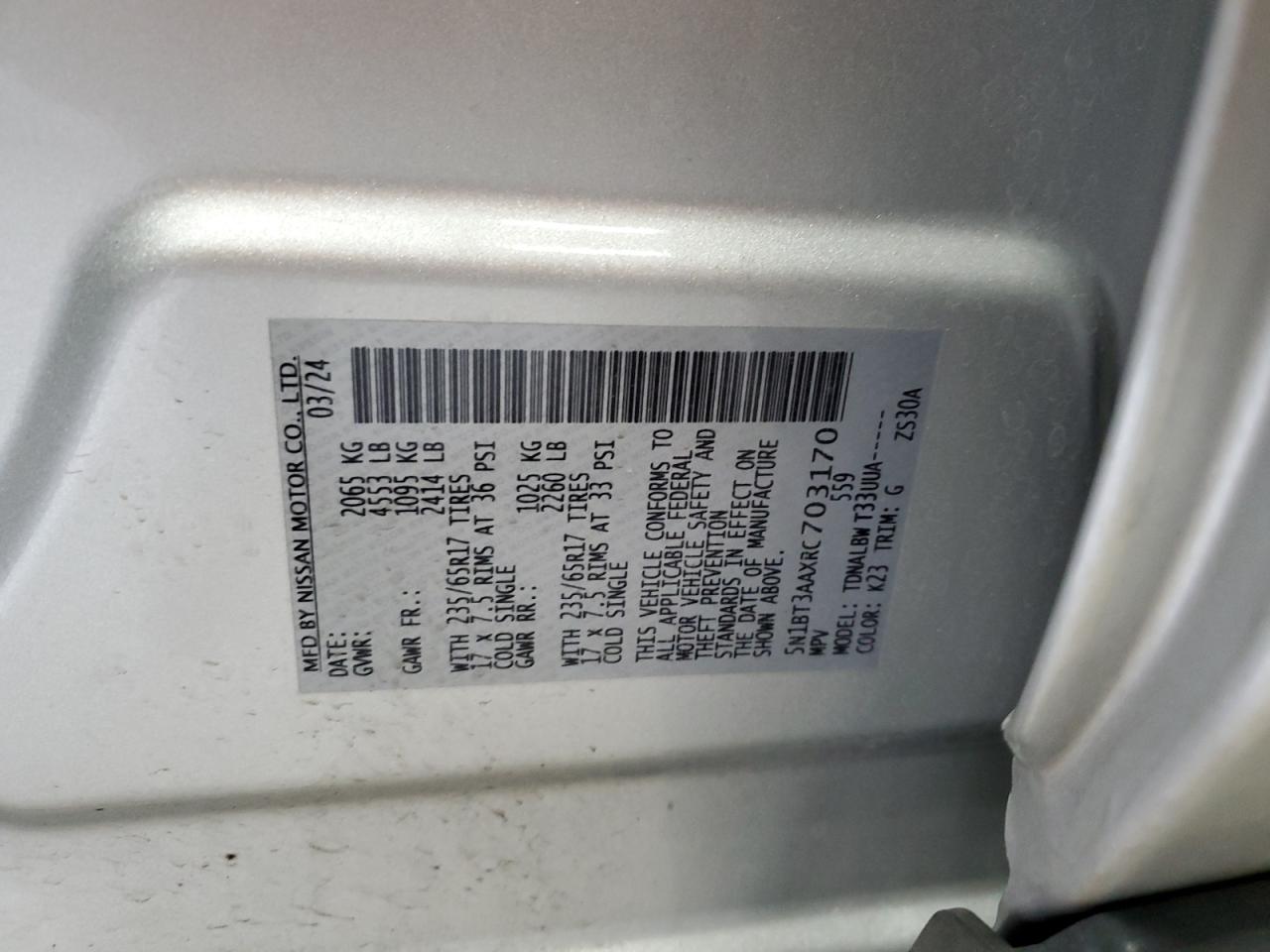 2024 Nissan Rogue S VIN: 5N1BT3AAXRC703170 Lot: 64416305