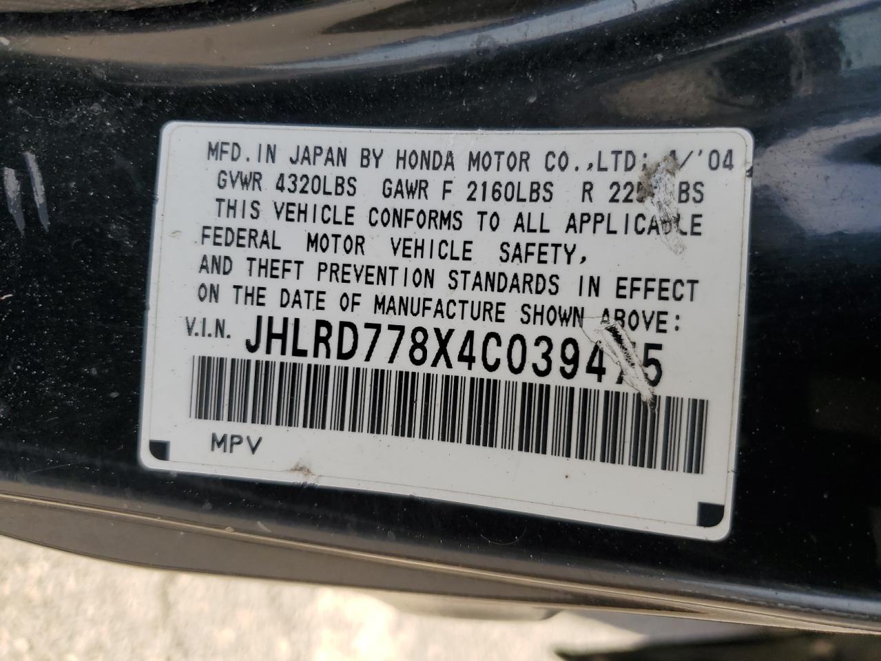 2004 Honda Cr-V Ex VIN: JHLRD778X4C039475 Lot: 65023585