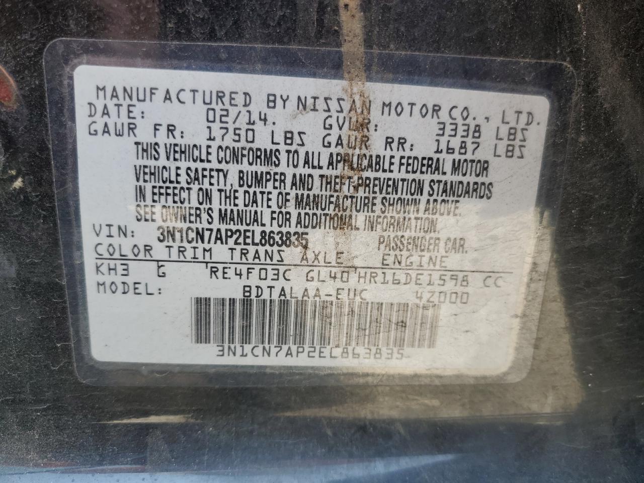 2014 Nissan Versa S VIN: 3N1CN7AP2EL863835 Lot: 65041265