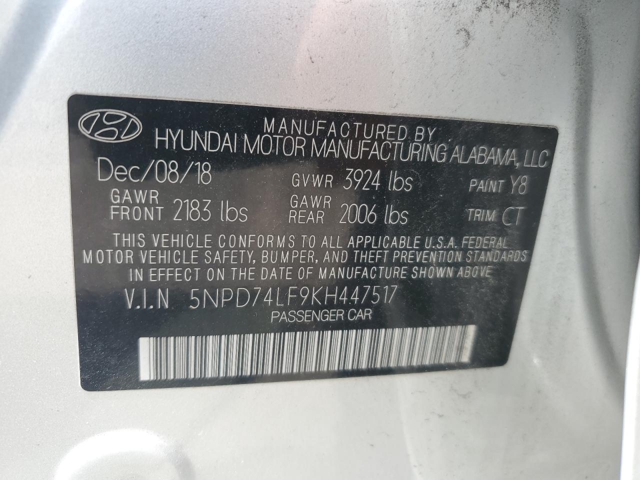 2019 Hyundai Elantra Se VIN: 5NPD74LF9KH447517 Lot: 64010015