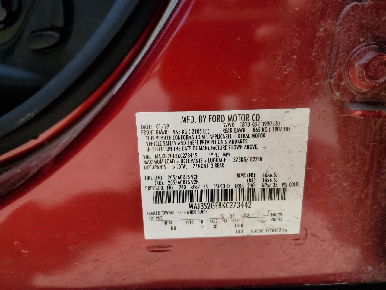 2019 Ford Ecosport Se VIN: MAJ3S2GE8KC273442 Lot: 63397945