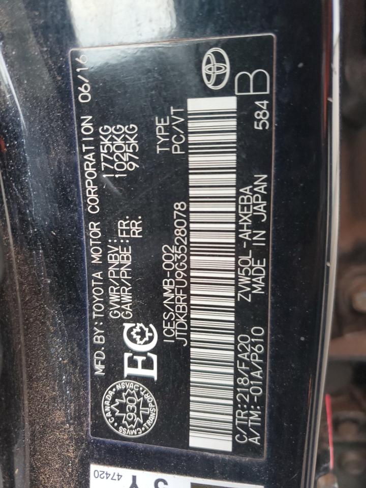 2016 Toyota Prius VIN: JTDKBRFU9G3528078 Lot: 63763615