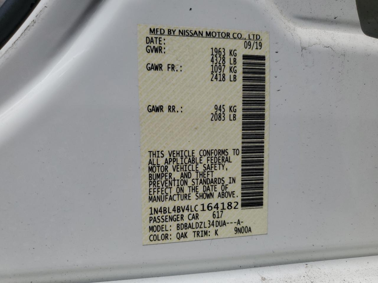 1n4bl4bv4lc164182 1N4BL4BV4LC164182 2020 Nissan Altima S