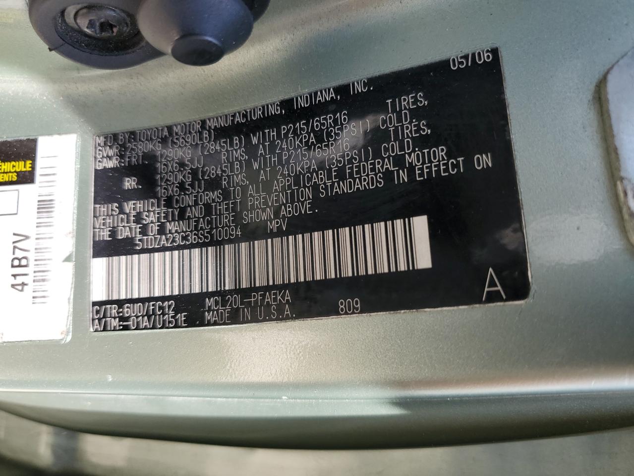 2006 Toyota Sienna Ce VIN: 5TDZA23C36S510094 Lot: 64322885