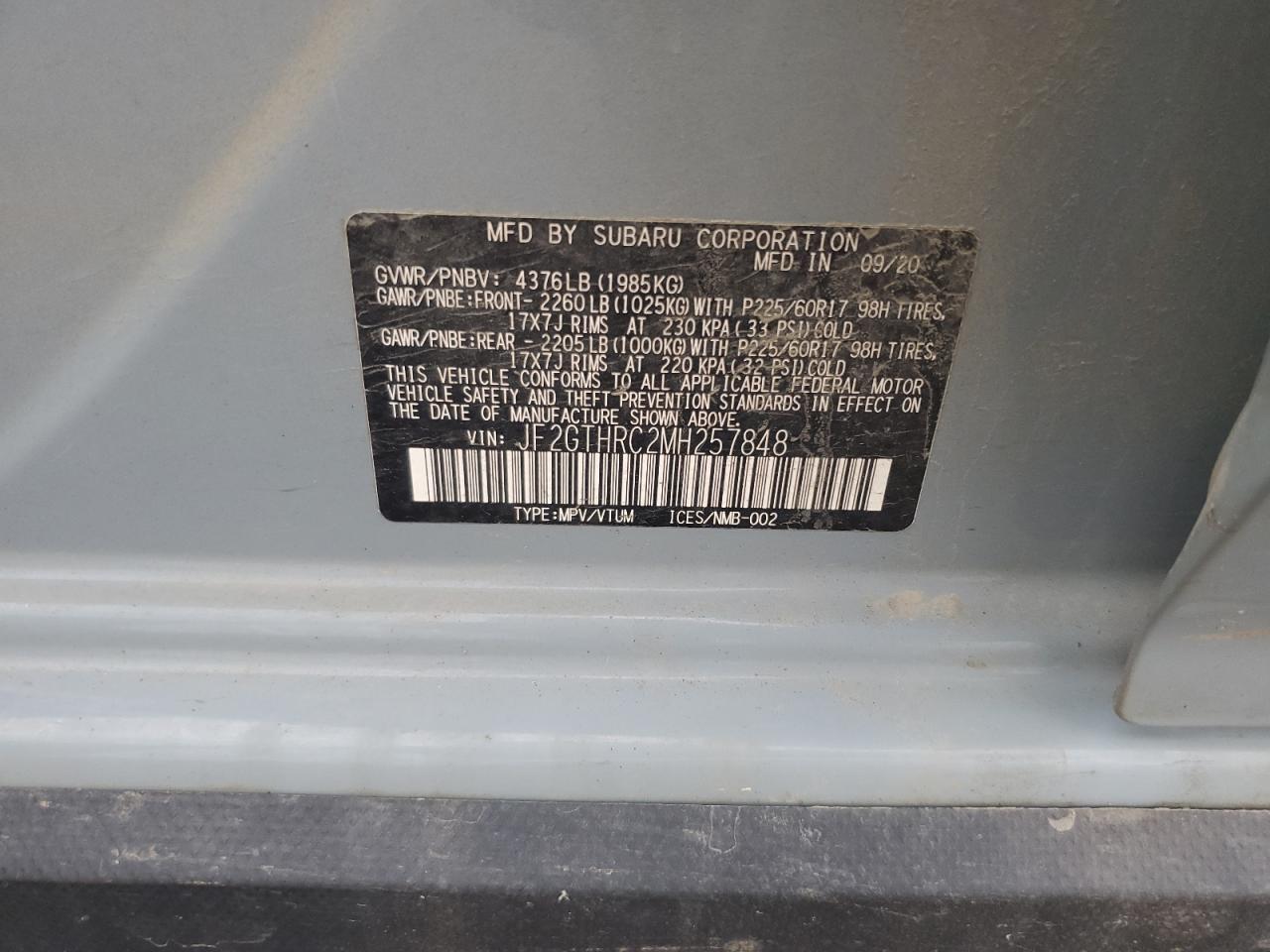 2021 Subaru Crosstrek Sport VIN: JF2GTHRC2MH257848 Lot: 63746235