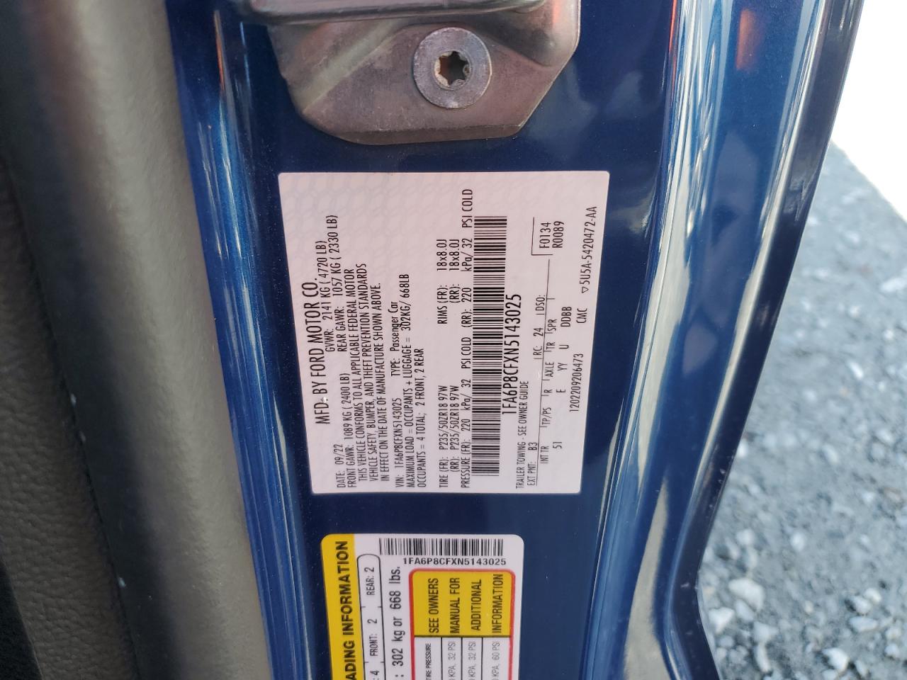 2022 Ford Mustang Gt VIN: 1FA6P8CFXN5143025 Lot: 66652425