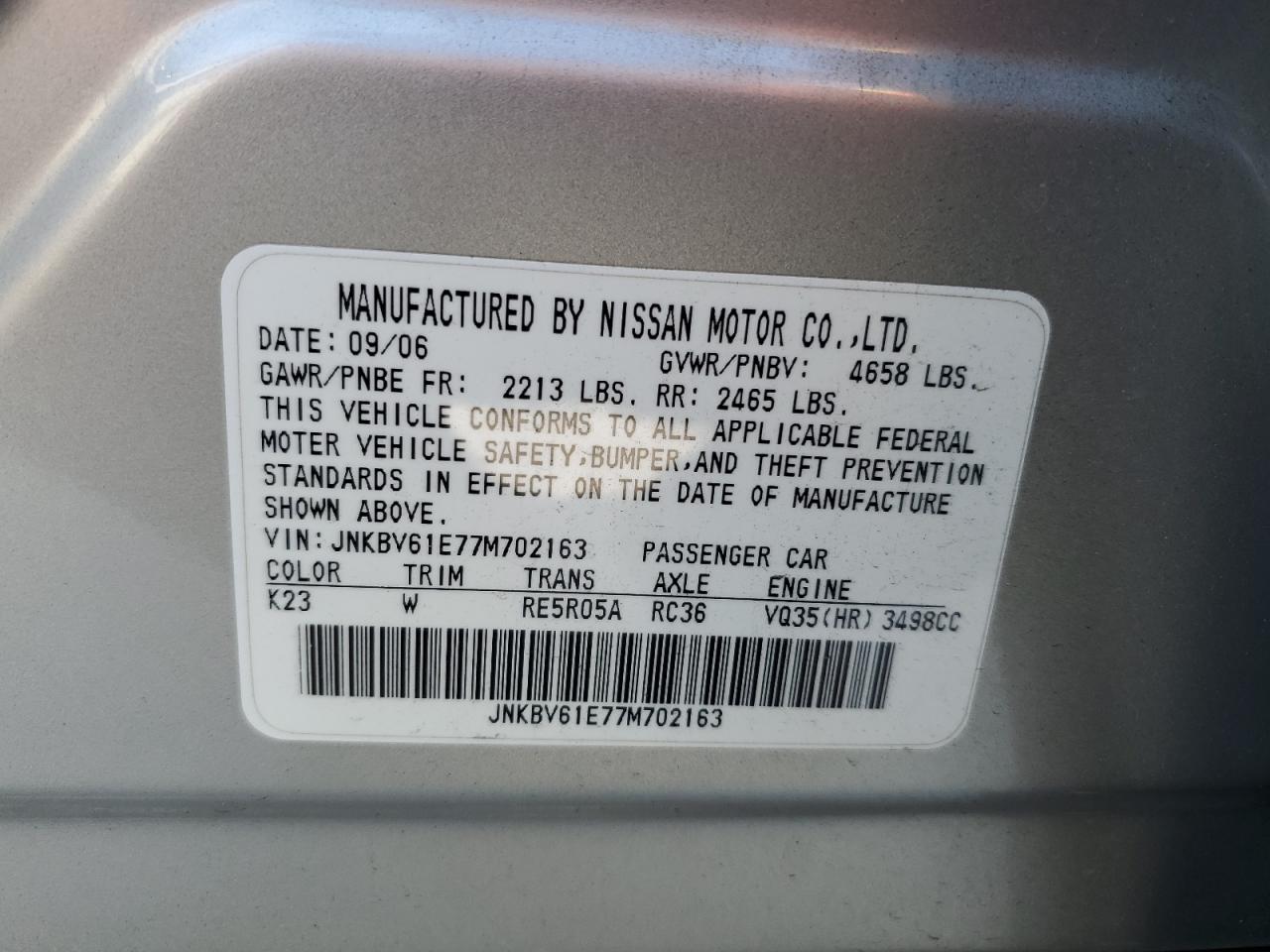 2007 Infiniti G35 VIN: JNKBV61E77M702163 Lot: 63428115
