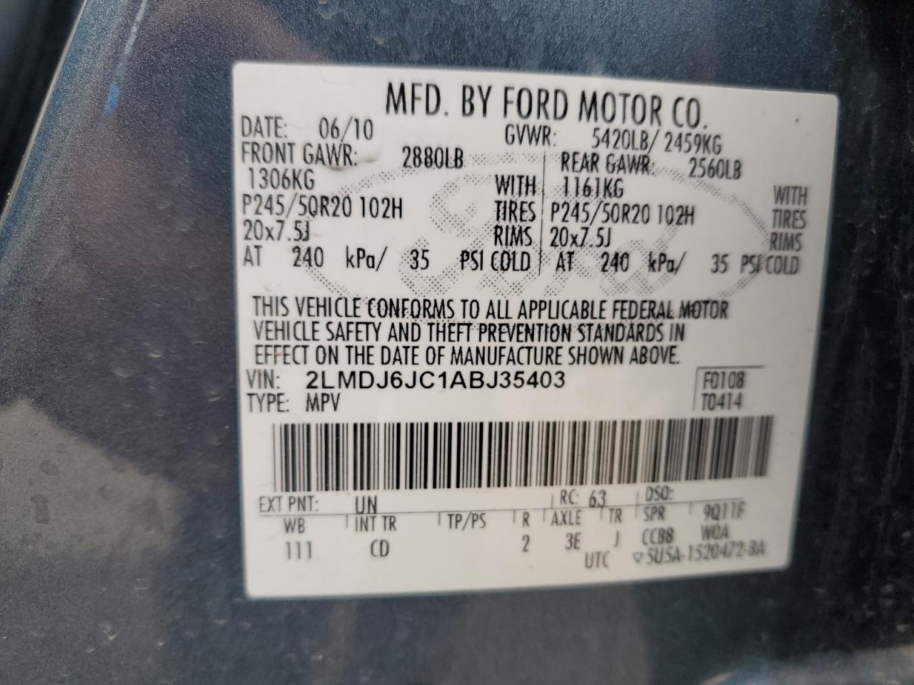2010 Lincoln Mkx VIN: 2LMDJ6JC1ABJ35403 Lot: 64978955