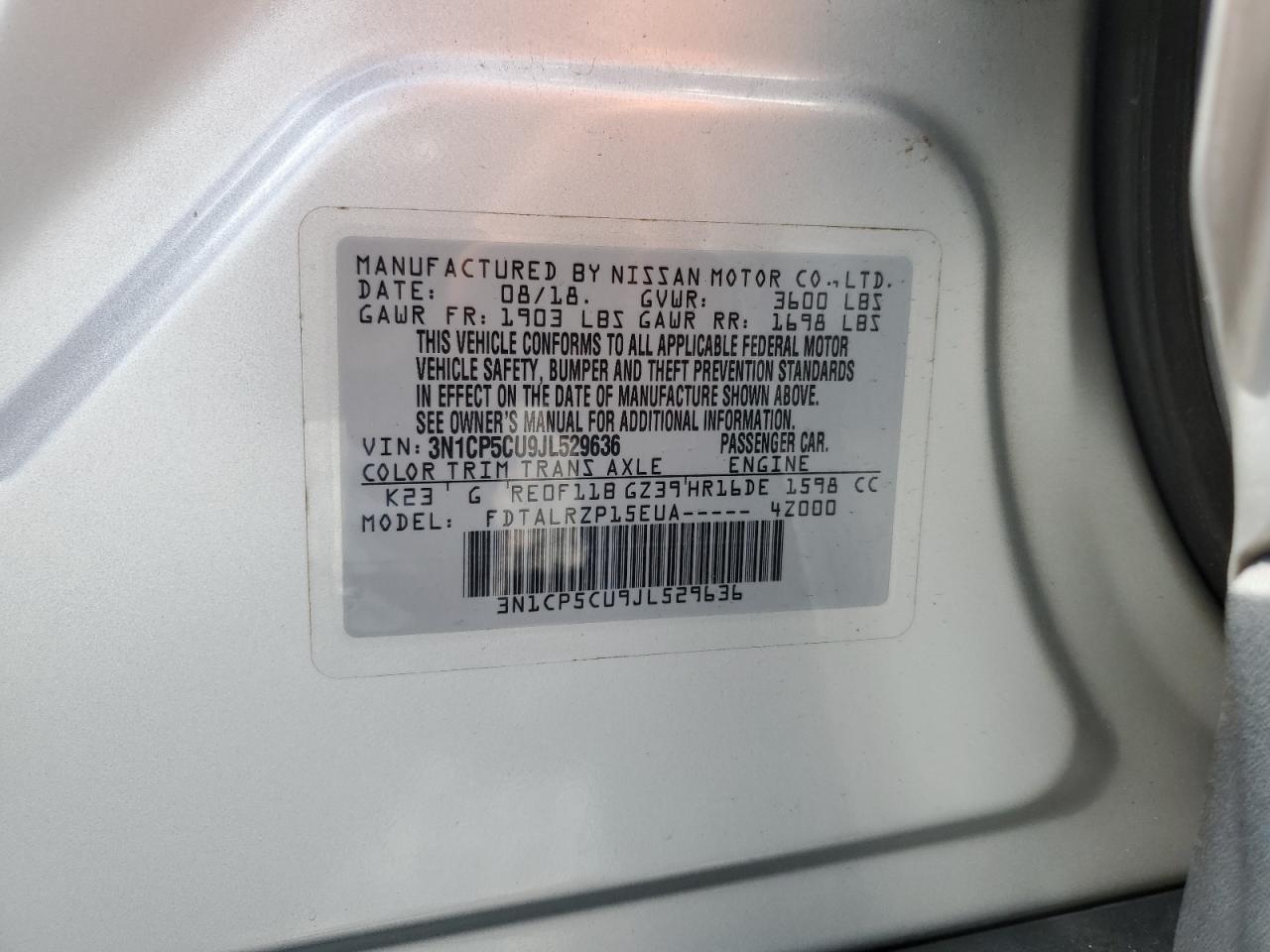 2018 Nissan Kicks S VIN: 3N1CP5CU9JL529636 Lot: 64526805