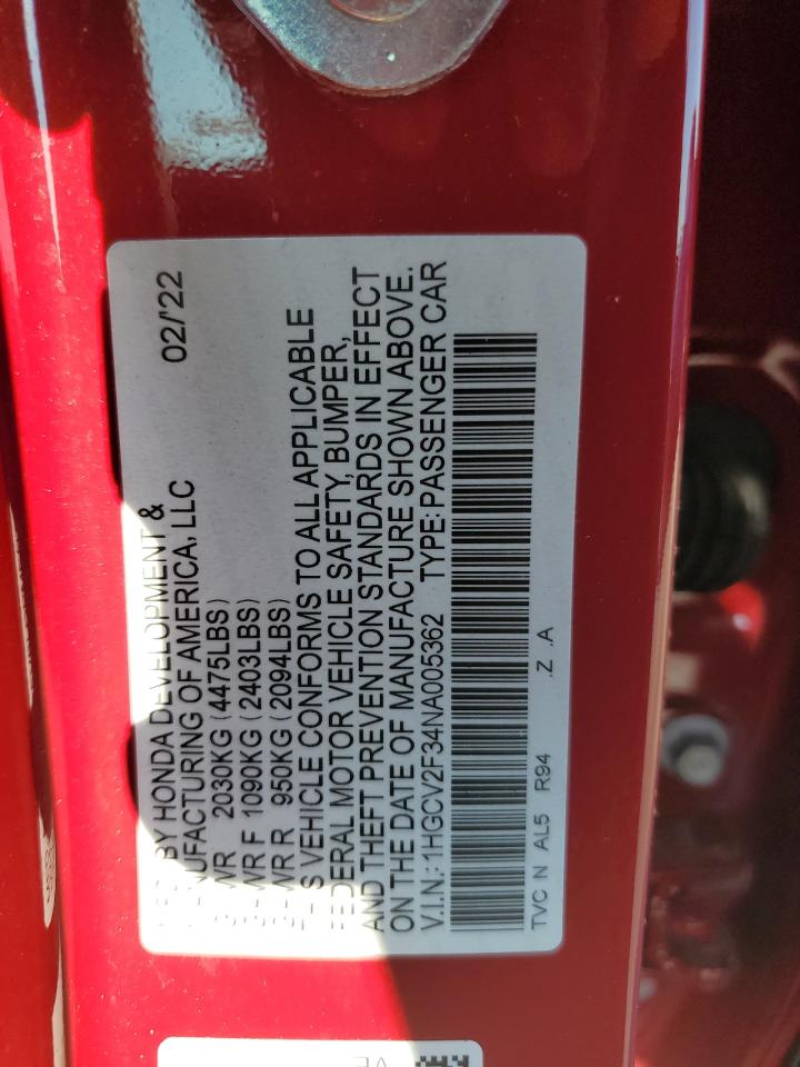 2022 Honda Accord Sport VIN: 1HGCV2F34NA005362 Lot: 66837745