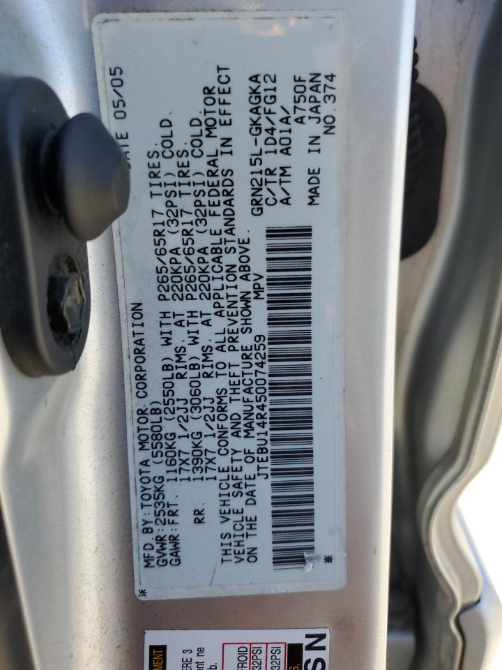2005 Toyota 4Runner Sr5 VIN: JTEBU14R450074259 Lot: 63306775