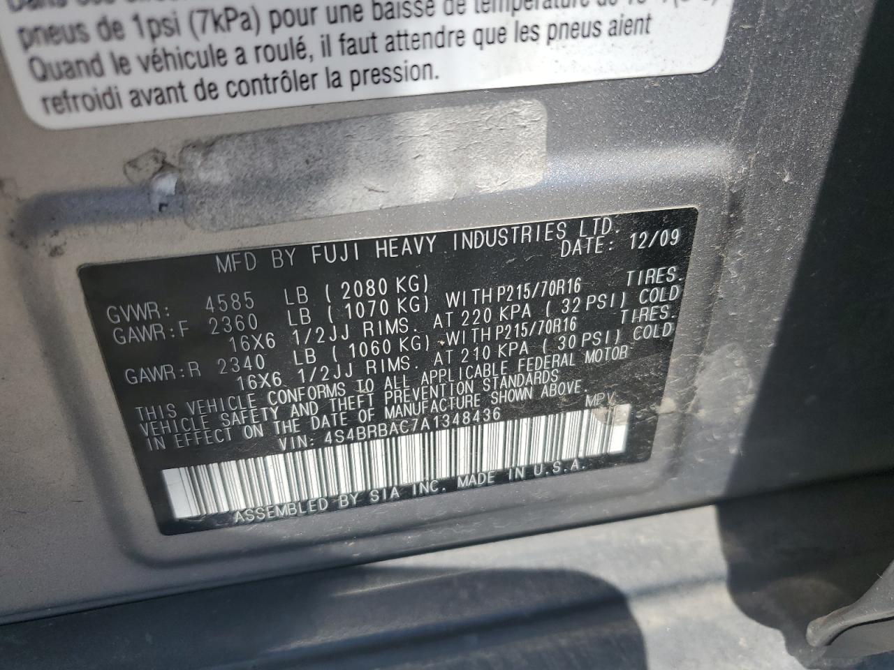 2010 Subaru Outback 2.5I VIN: 4S4BRBAC7A1348436 Lot: 64261075