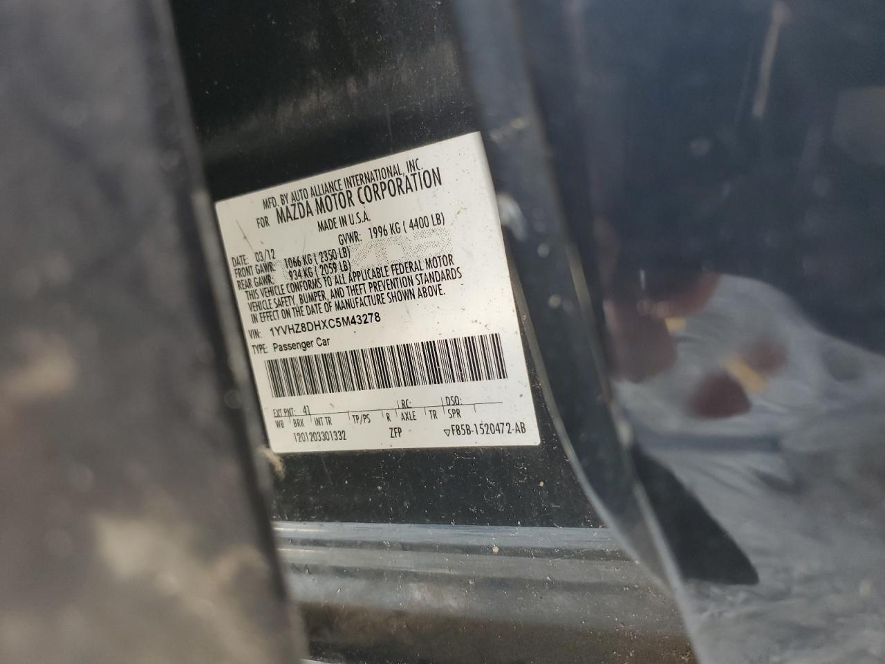 2012 Mazda 6 I VIN: 1YVHZ8DHXC5M43278 Lot: 65899275