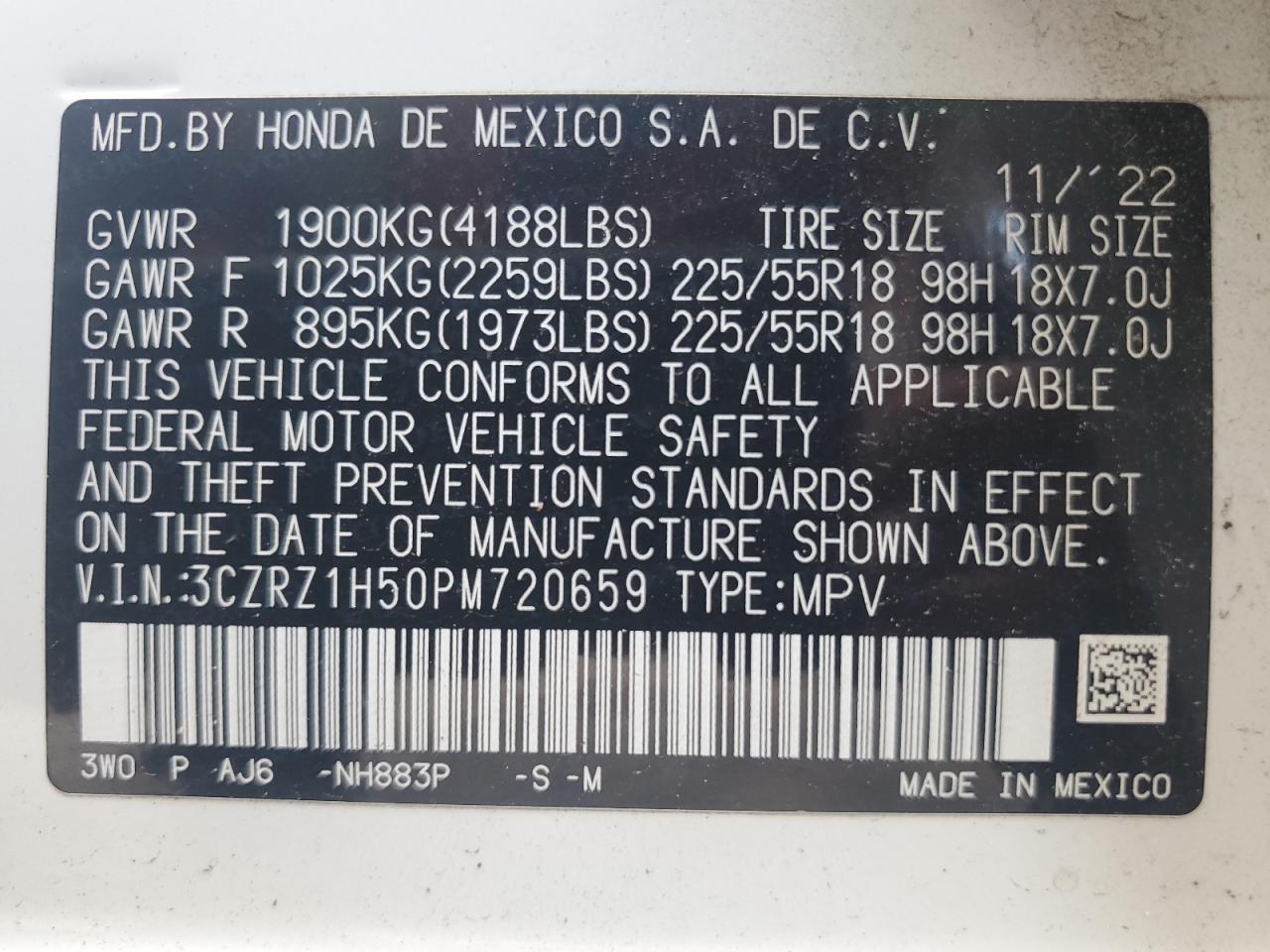 2023 Honda Hr-V Sport VIN: 3CZRZ1H50PM720659 Lot: 65527295