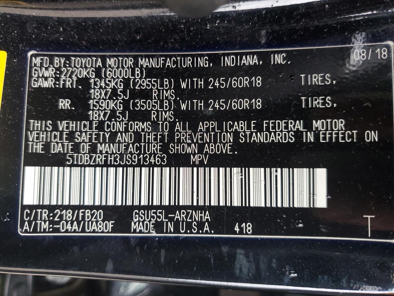 2018 Toyota Highlander Le VIN: 5TDBZRFH3JS913463 Lot: 64435165