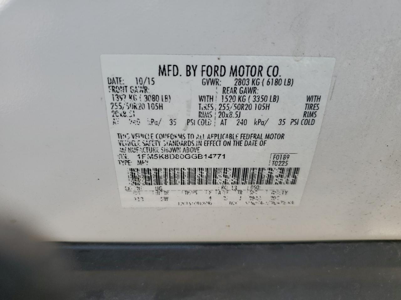 2016 Ford Explorer Xlt VIN: 1FM5K8D80GGB14771 Lot: 62395025