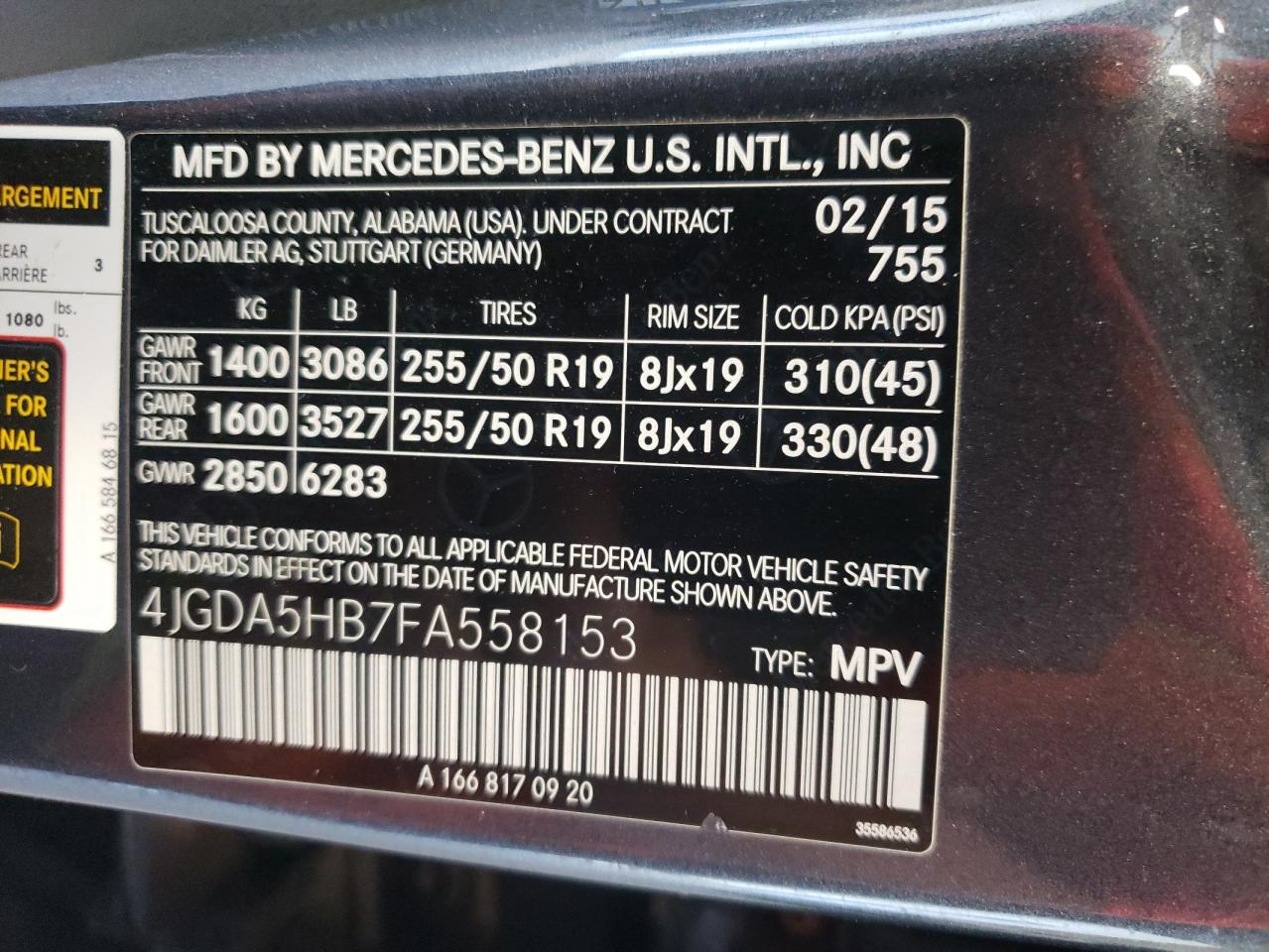 2015 Mercedes-Benz Ml 350 4Matic VIN: 4JGDA5HB7FA558153 Lot: 63317875
