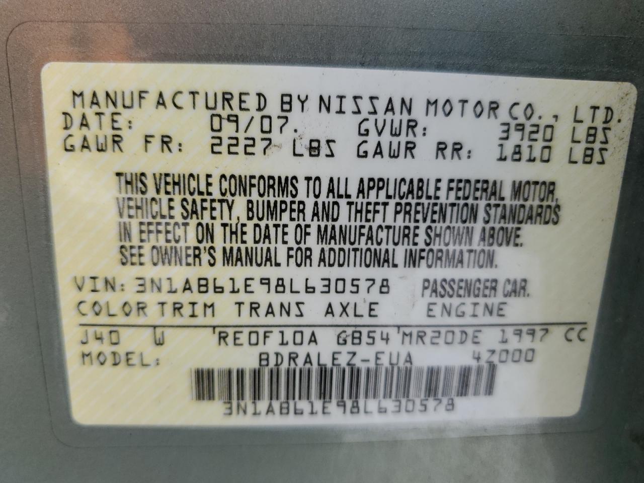 2008 Nissan Sentra 2.0 VIN: 3N1AB61E98L630578 Lot: 65280525
