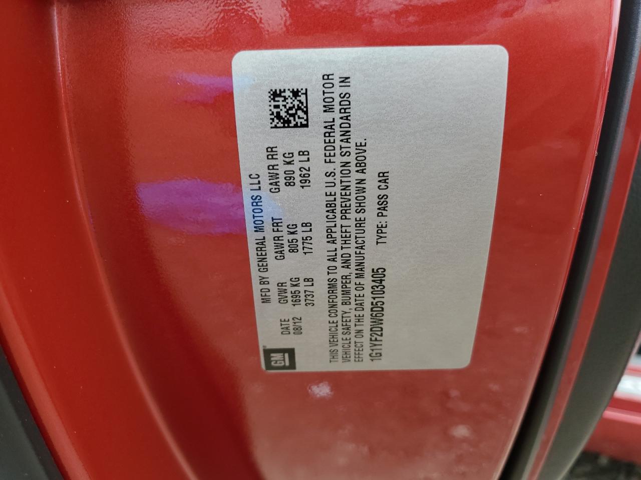 2013 Chevrolet Corvette VIN: 1G1YF2DW6D5103405 Lot: 63410455