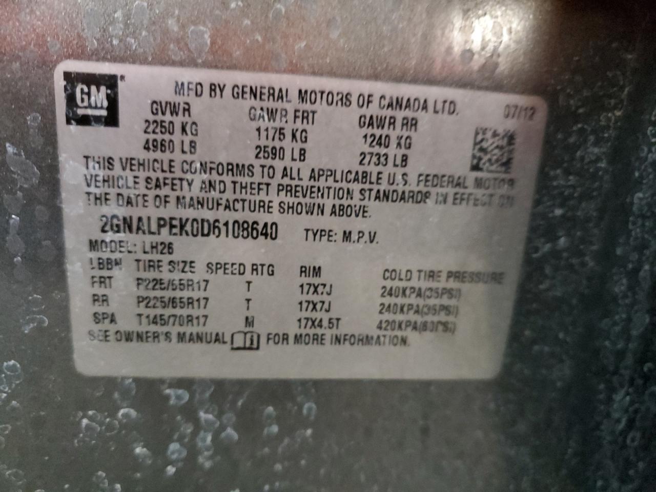 2013 Chevrolet Equinox Lt VIN: 2GNALPEK0D6108640 Lot: 65364015