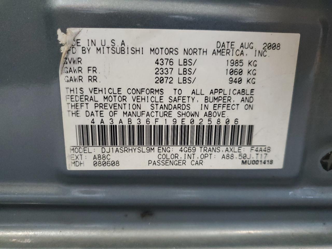2009 Mitsubishi Galant Es VIN: 4A3AB36F19E025806 Lot: 63025445