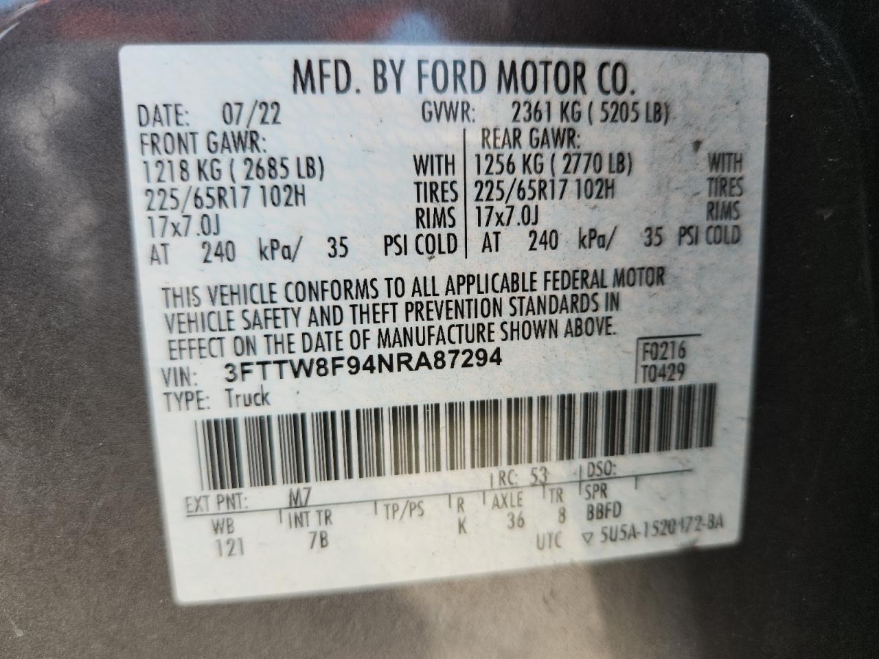 2022 Ford Maverick Xl VIN: 3FTTW8F94NRA87294 Lot: 64948205