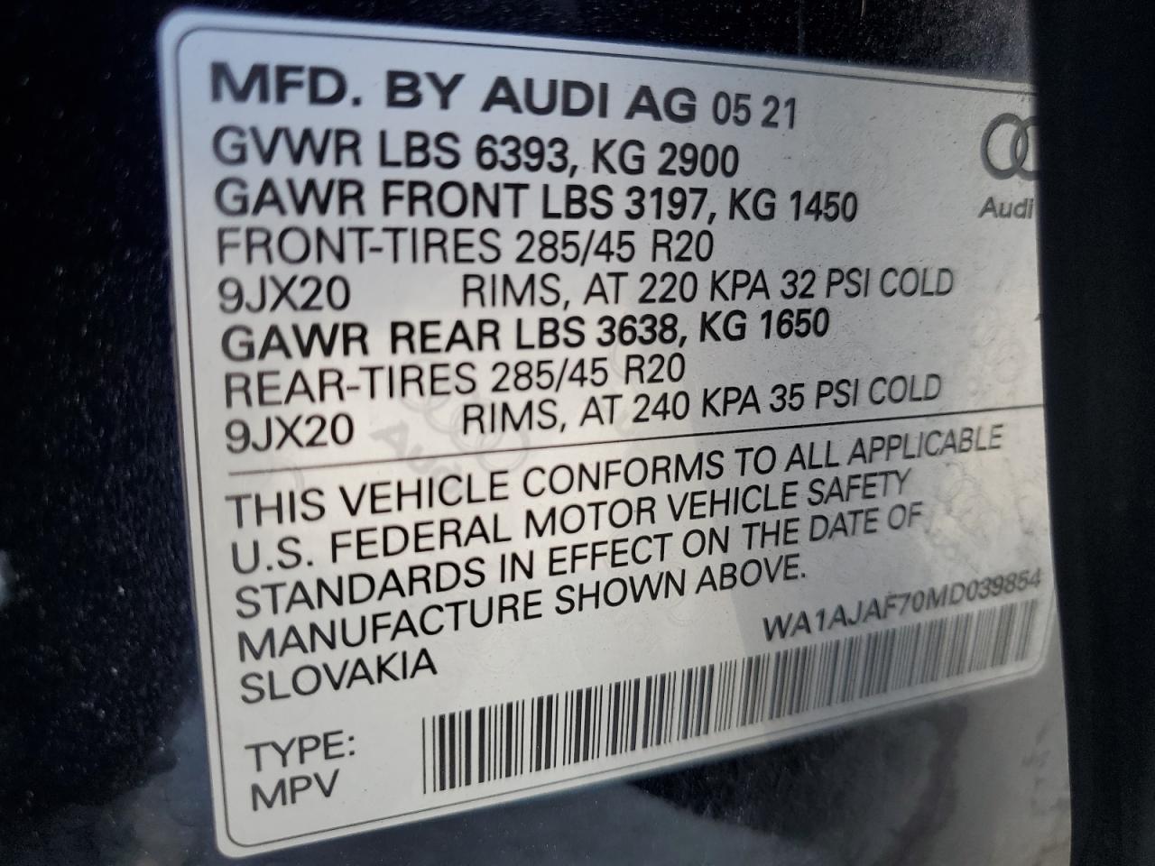 2021 Audi Q7 Premium VIN: WA1AJAF70MD039854 Lot: 64685755