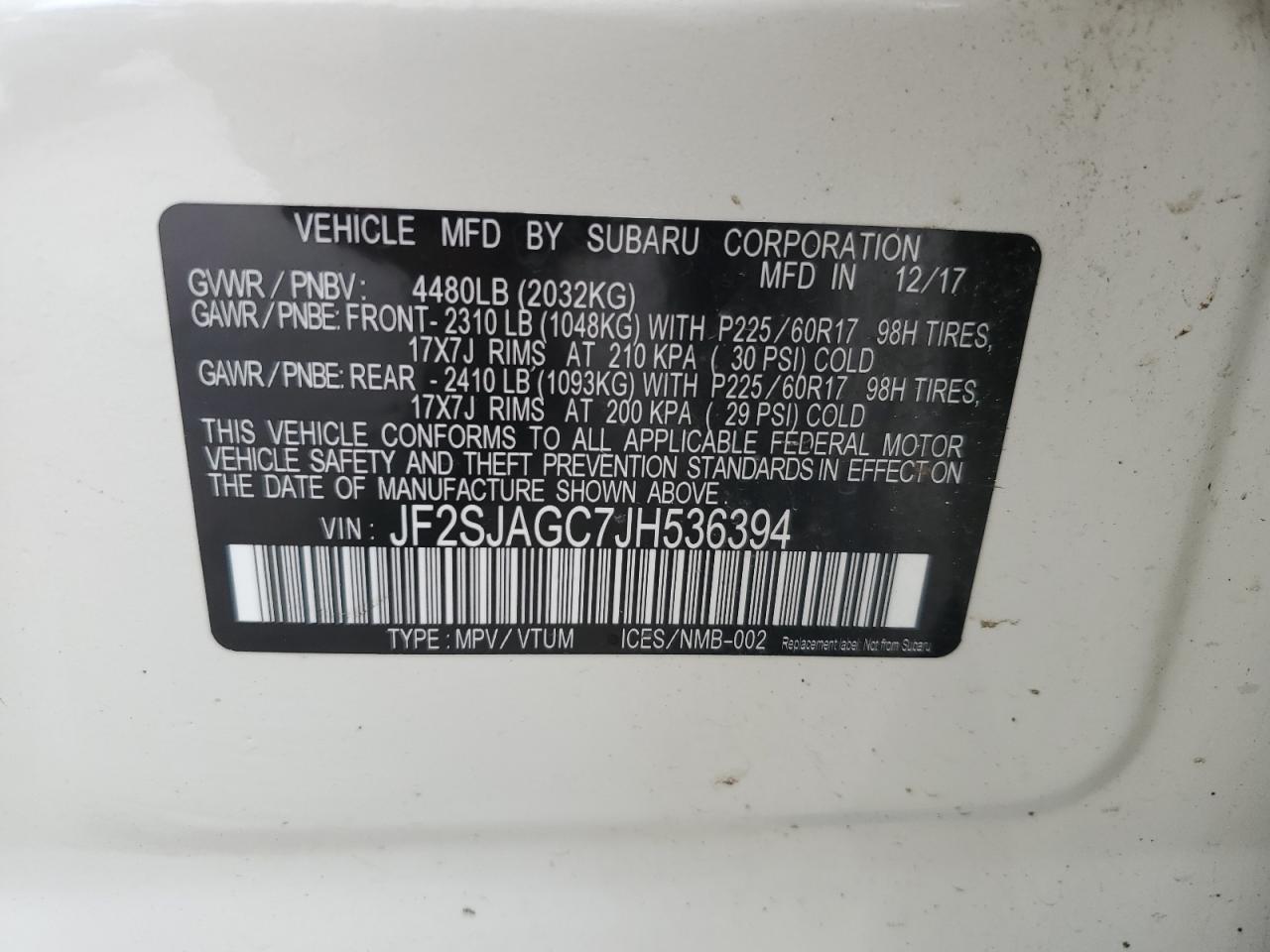 2018 Subaru Forester 2.5I Premium VIN: JF2SJAGC7JH536394 Lot: 63252955
