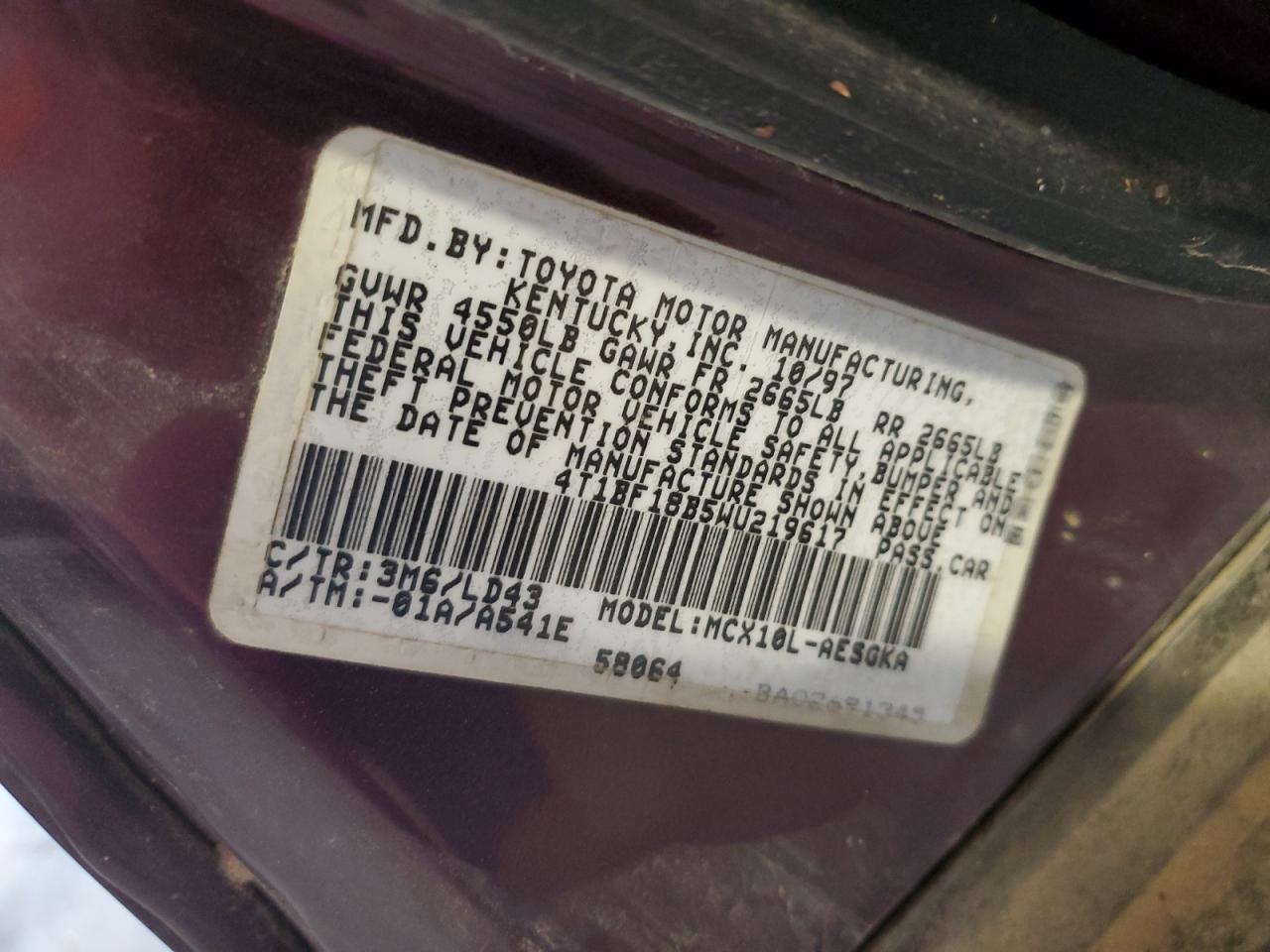 1998 Toyota Avalon Xl VIN: 4T1BF18B5WU219617 Lot: 63565115