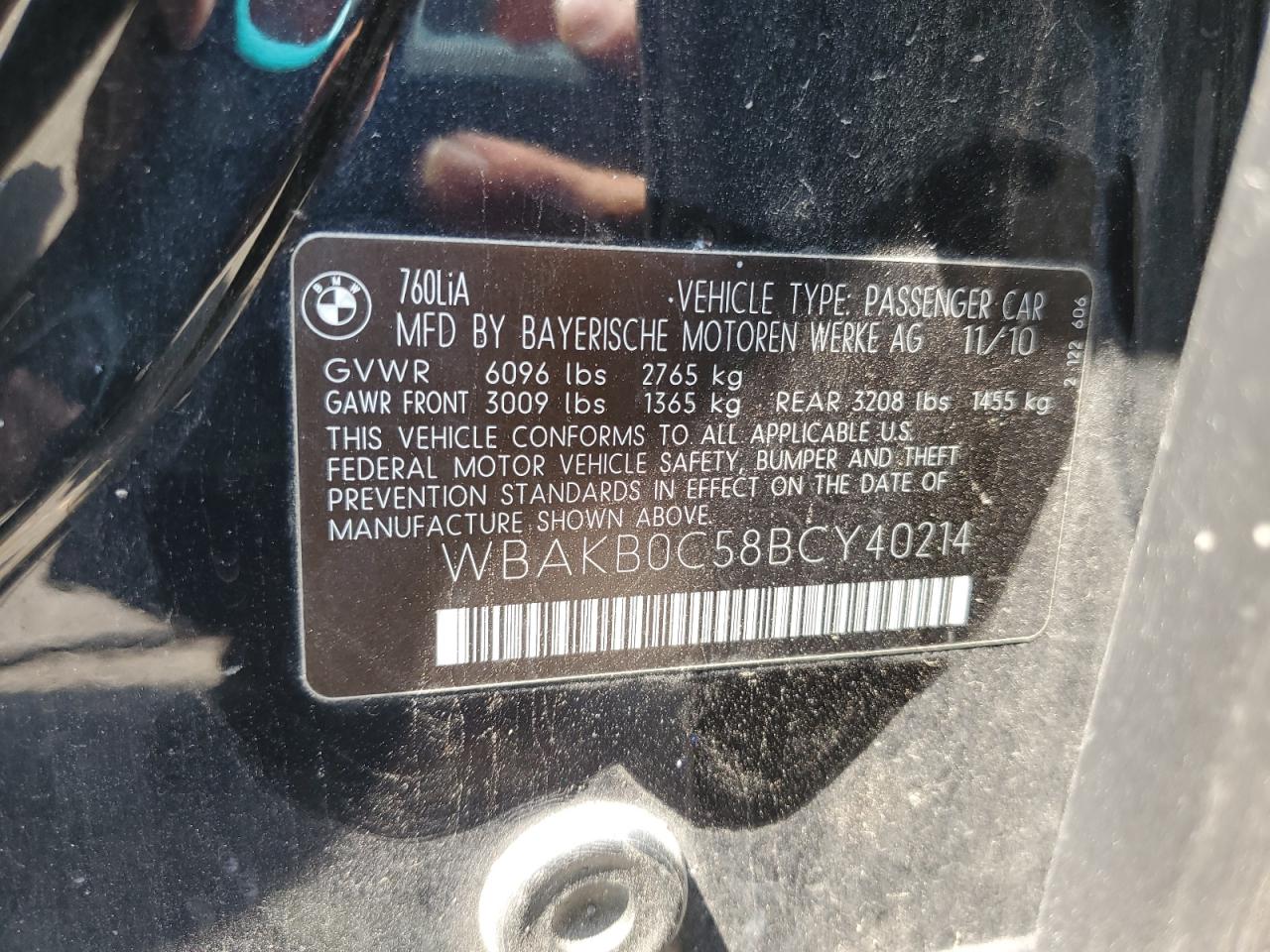 2011 BMW 760 Li VIN: WBAKB0C58BCY40214 Lot: 64976145