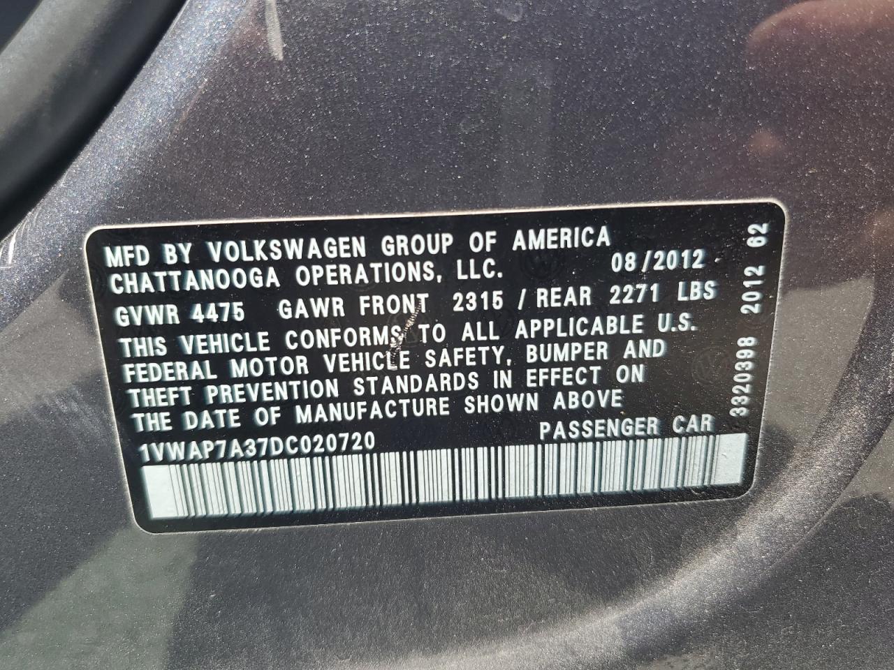 2013 Volkswagen Passat S VIN: 1VWAP7A37DC020720 Lot: 63765265