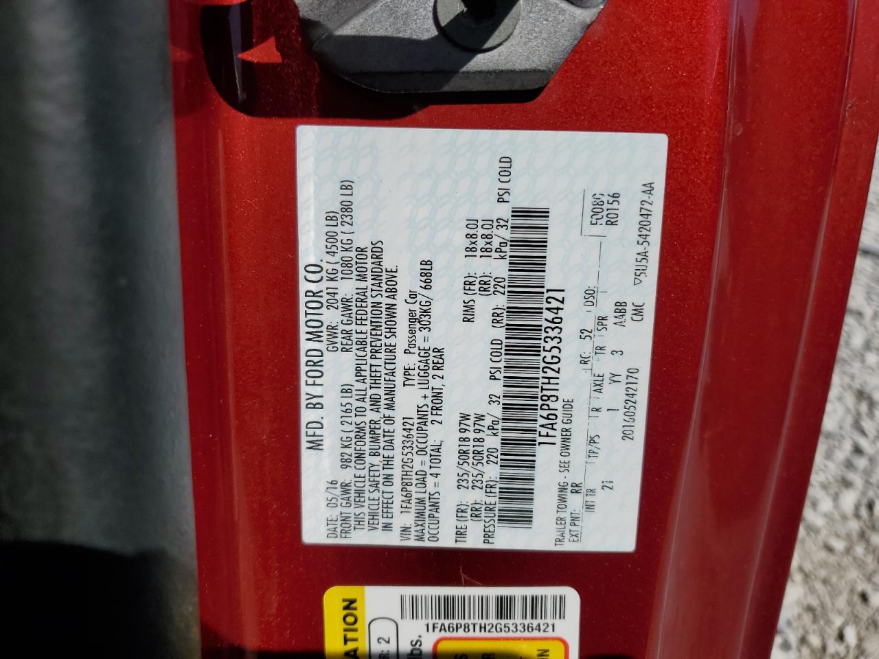 2016 Ford Mustang VIN: 1FA6P8TH2G5336421 Lot: 63184035