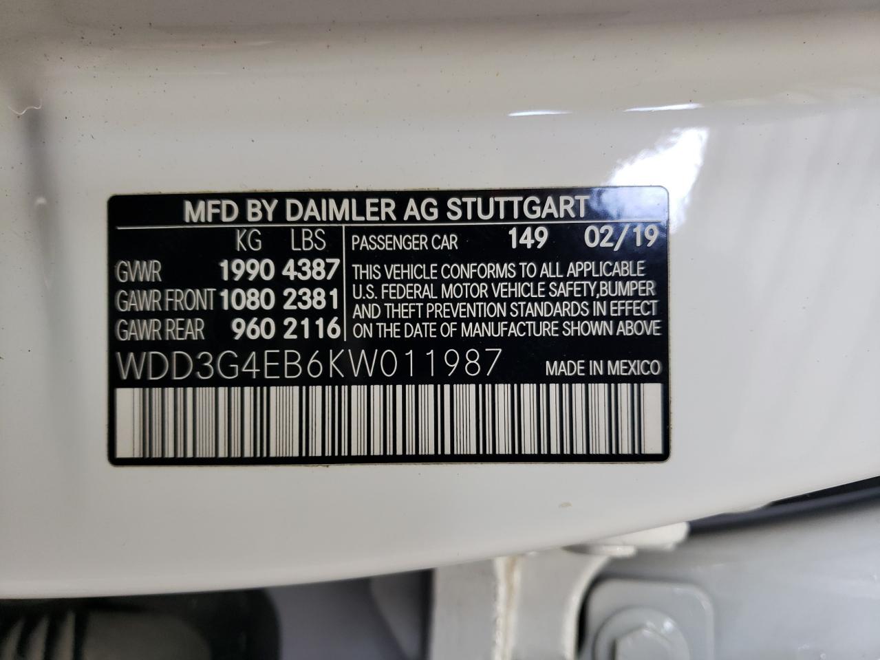 2019 Mercedes-Benz A 220 VIN: WDD3G4EB6KW011987 Lot: 63768485