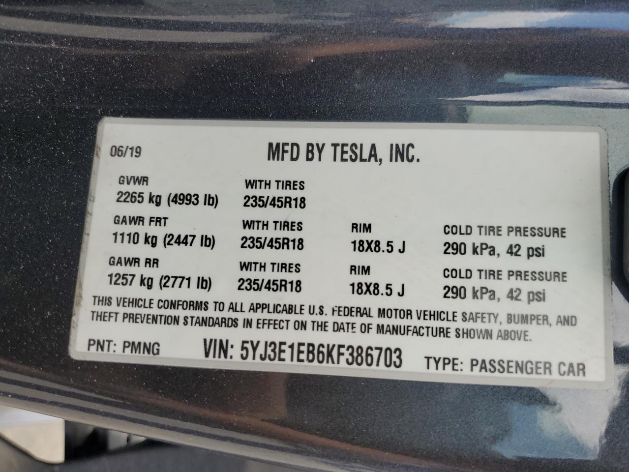 2019 Tesla Model 3 VIN: 5YJ3E1EB6KF386703 Lot: 63839025