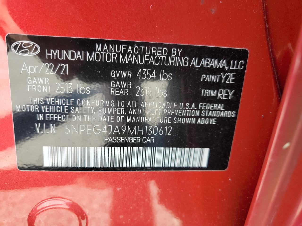 2021 Hyundai Sonata Se VIN: 5NPEG4JA9MH130612 Lot: 63967585