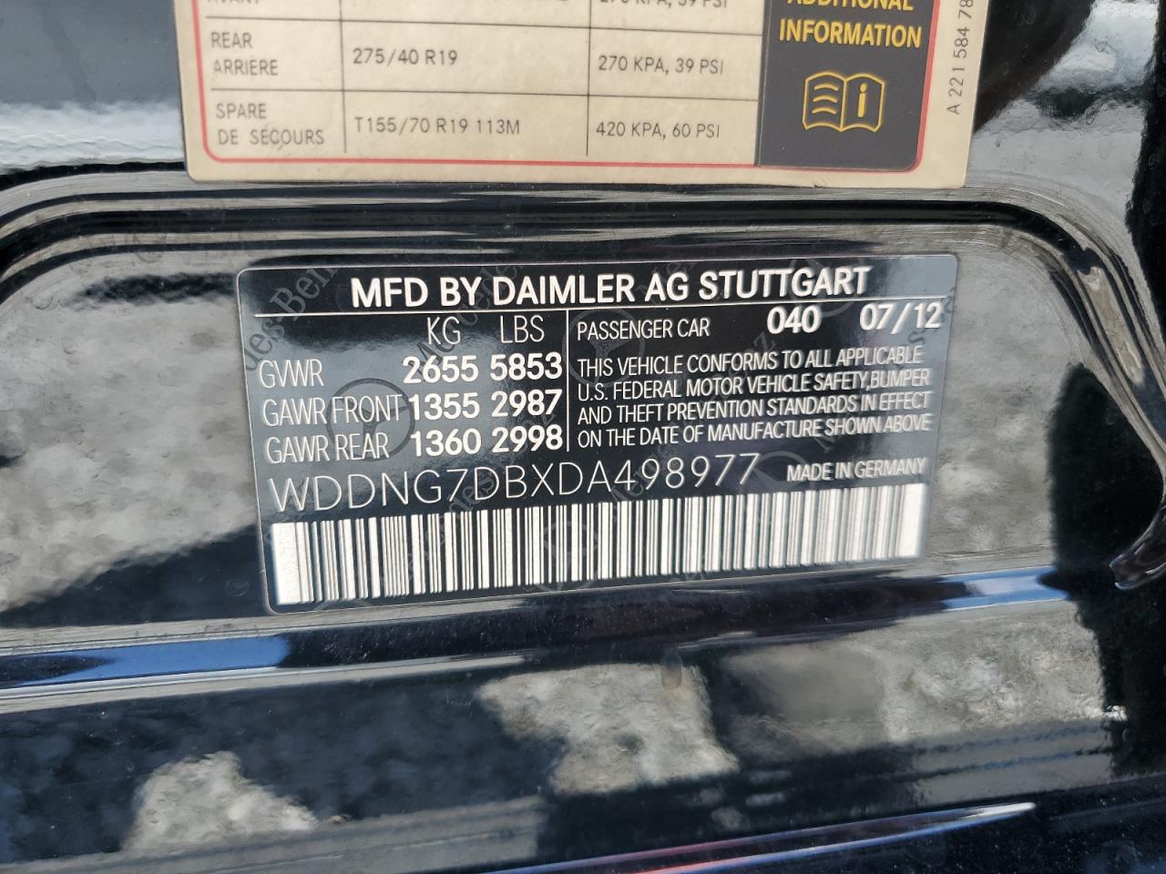 2013 Mercedes-Benz S 550 VIN: WDDNG7DBXDA498977 Lot: 64997745