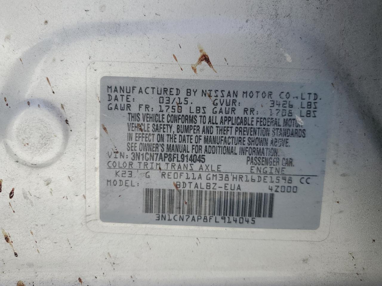 2015 Nissan Versa S VIN: 3N1CN7AP8FL914045 Lot: 65812865