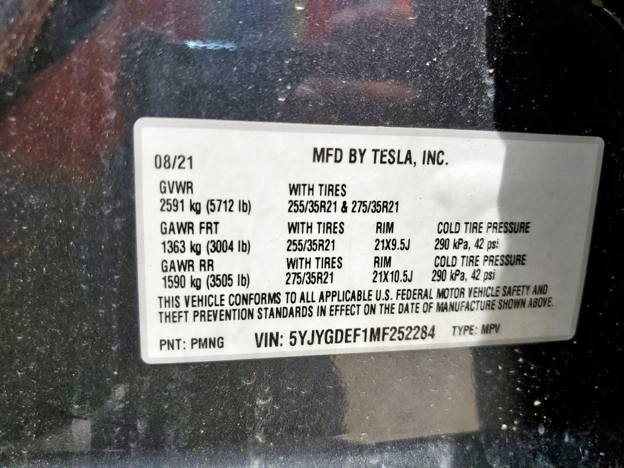 2021 Tesla Model Y VIN: 5YJYGDEF1MF252284 Lot: 63441345