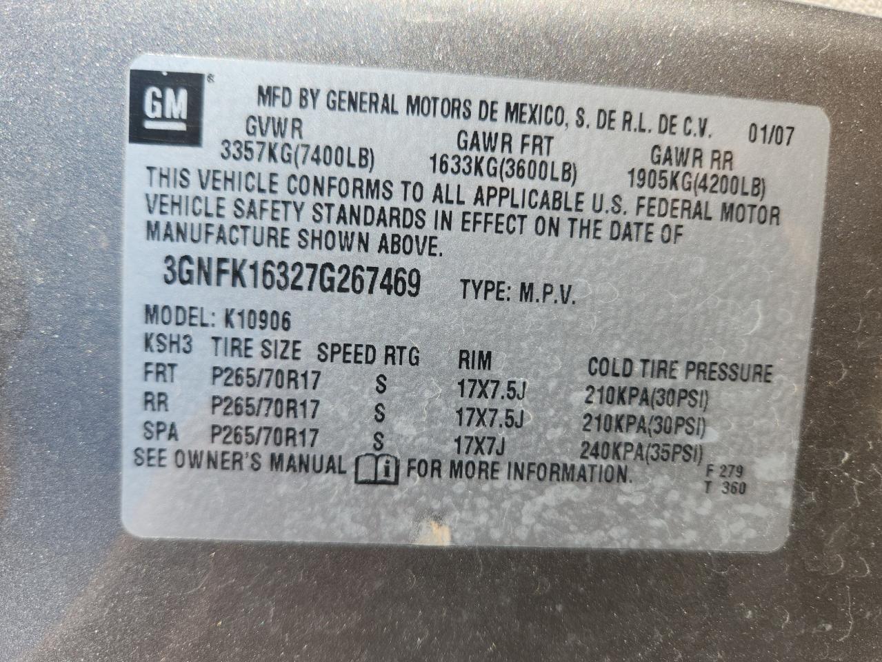 2007 Chevrolet Suburban K1500 VIN: 3GNFK16327G267469 Lot: 64145805