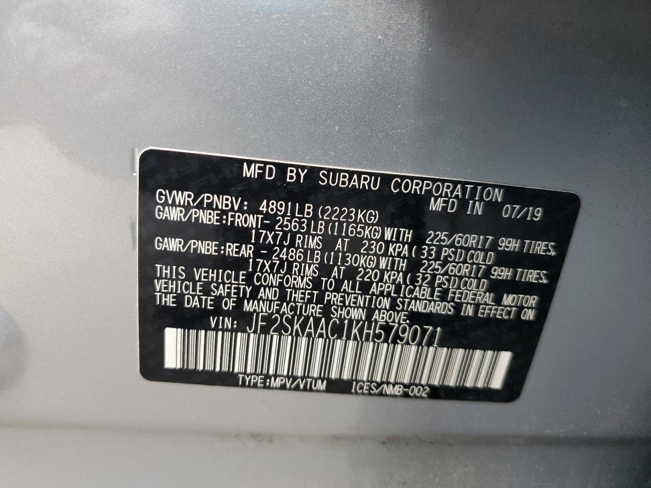 2019 Subaru Forester VIN: JF2SKAAC1KH579071 Lot: 65182915