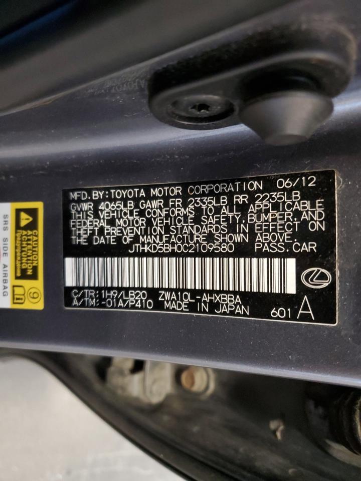 2012 Lexus Ct 200 VIN: JTHKD5BH0C2109580 Lot: 63805495