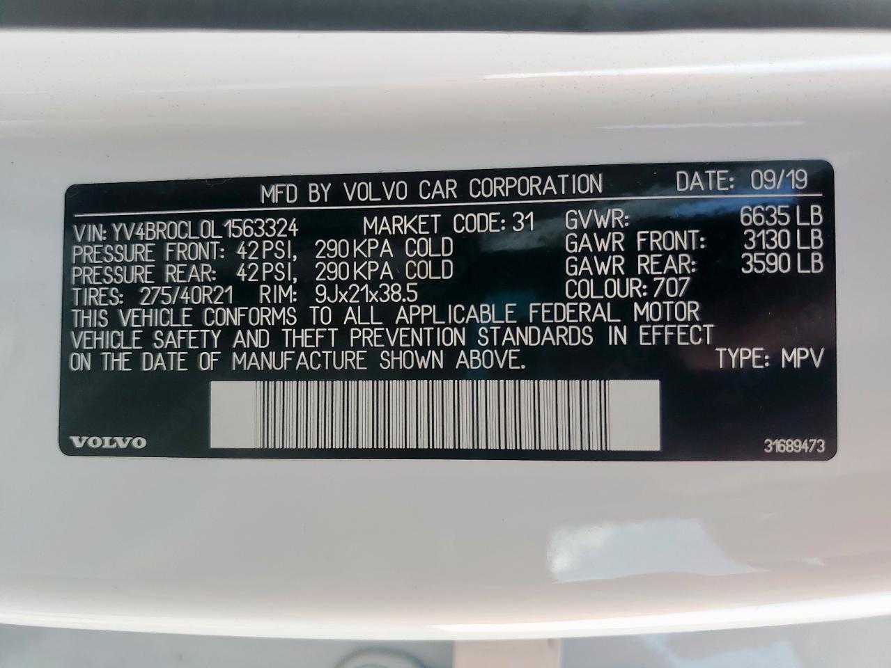 2020 Volvo Xc90 T8 Inscription VIN: YV4BR0CL0L1563324 Lot: 64769715