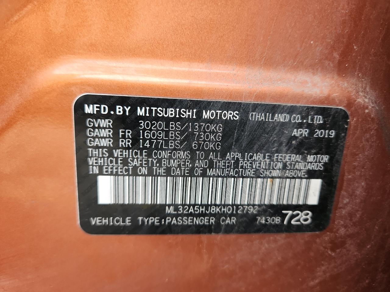2019 Mitsubishi Mirage Le VIN: ML32A5HJ8KH012792 Lot: 65053115