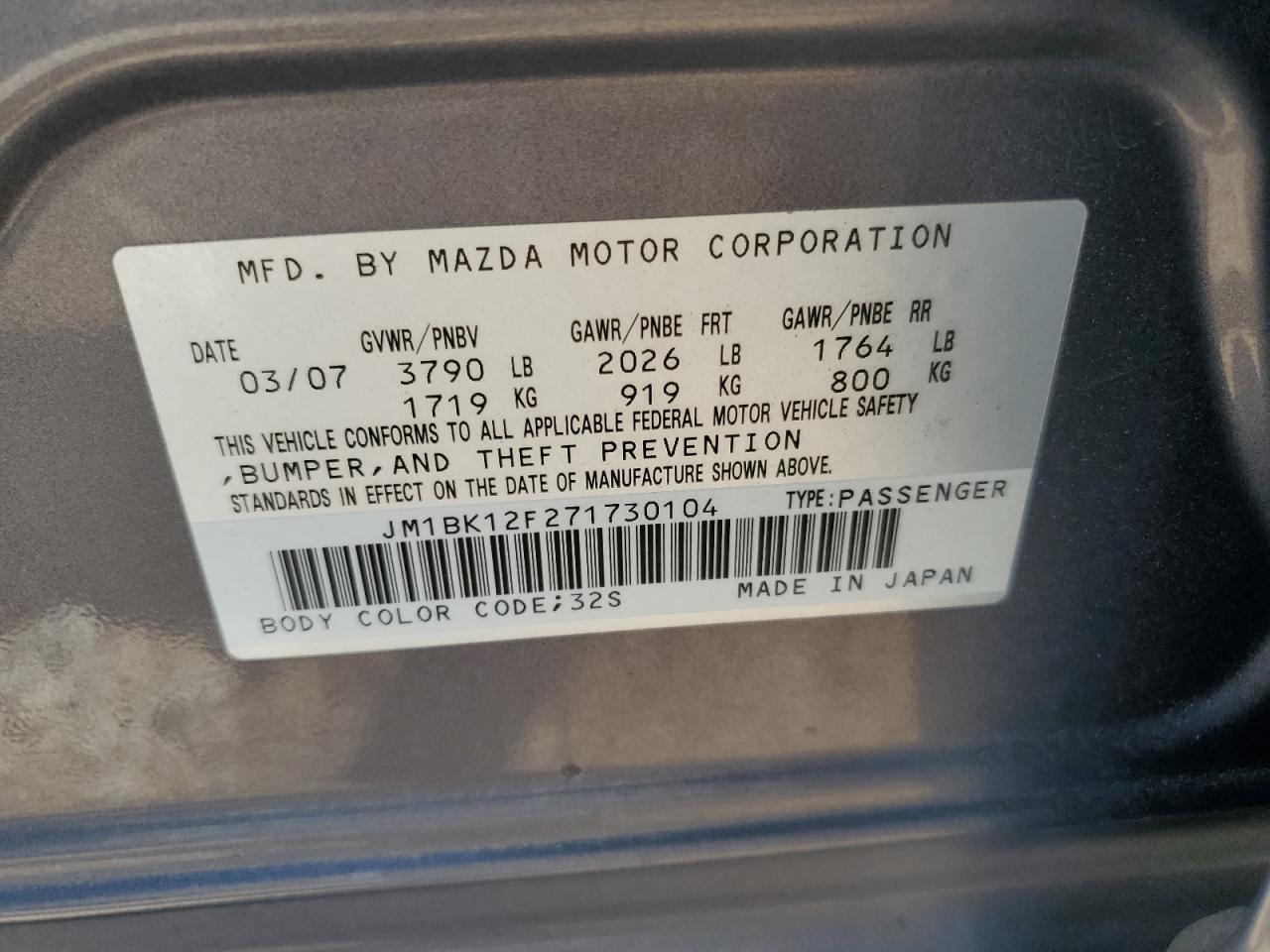 2007 Mazda 3 I VIN: JM1BK12F271730104 Lot: 65014635
