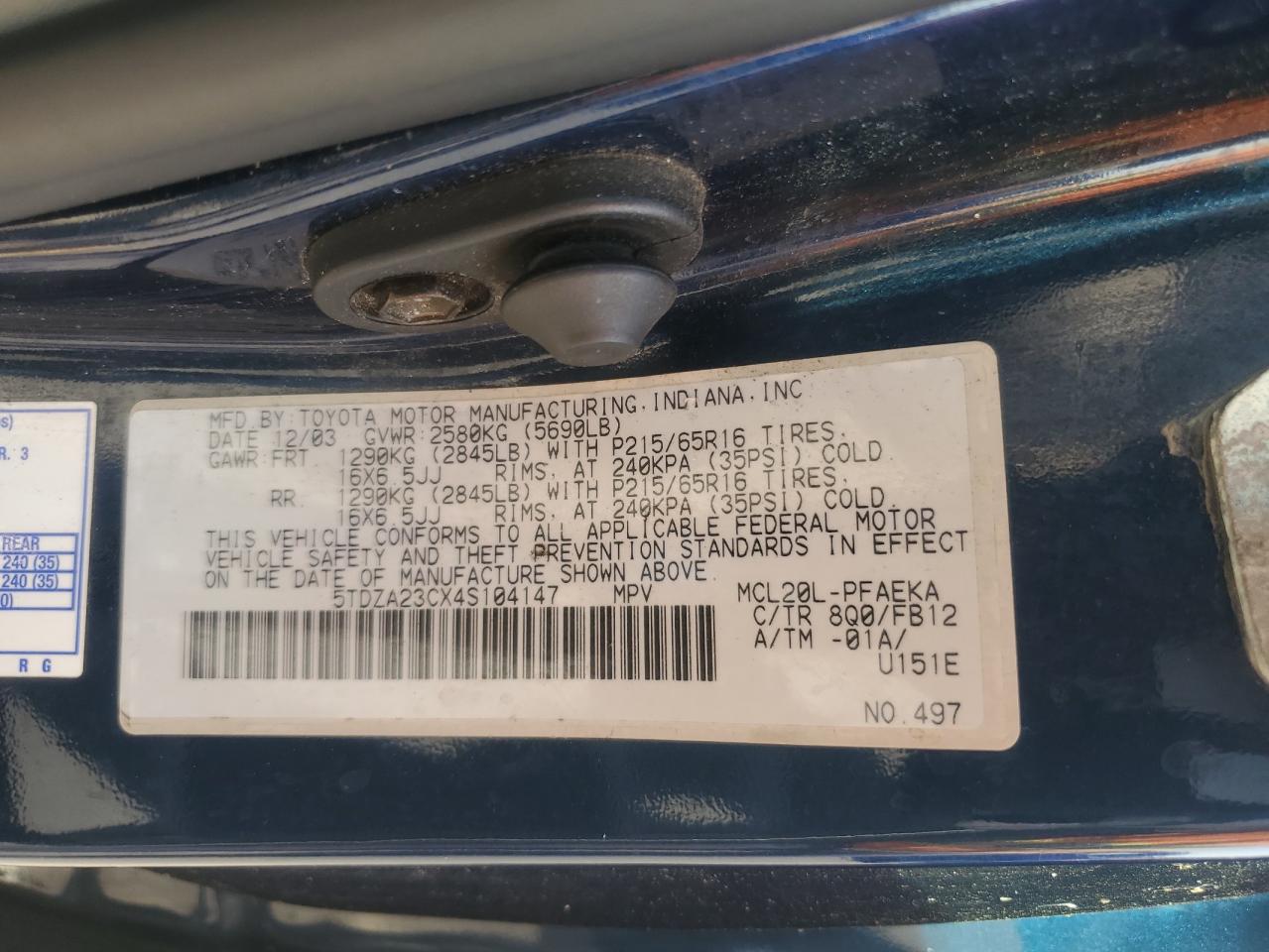 2004 Toyota Sienna Ce VIN: 5TDZA23CX4S104147 Lot: 63349435